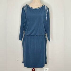 Garnet Hill Women's Embroidered Pocket-Detail Knit Dress Elastic Waist Blue XL